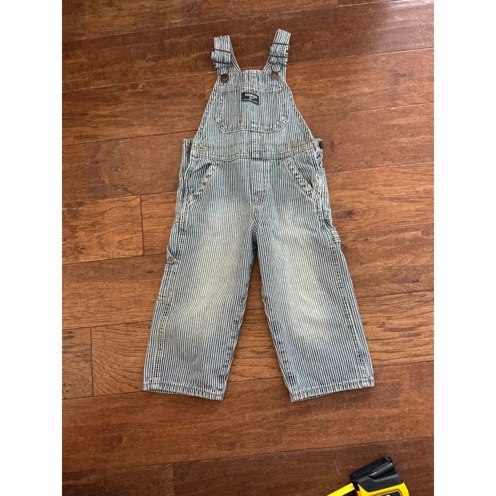 OshKosh Bgosh 2T Hickory Stripe Vestbak Railroad Denim Overalls Blue White Kids